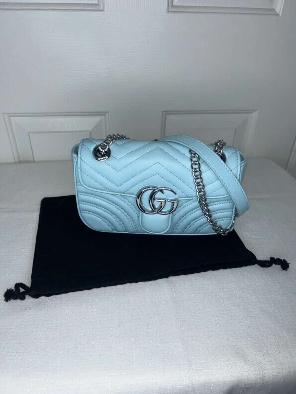 Light Blue Chevron Quilted Shoulder Bag with Silver Hardware and Dust Bag - Picture 11 of 13